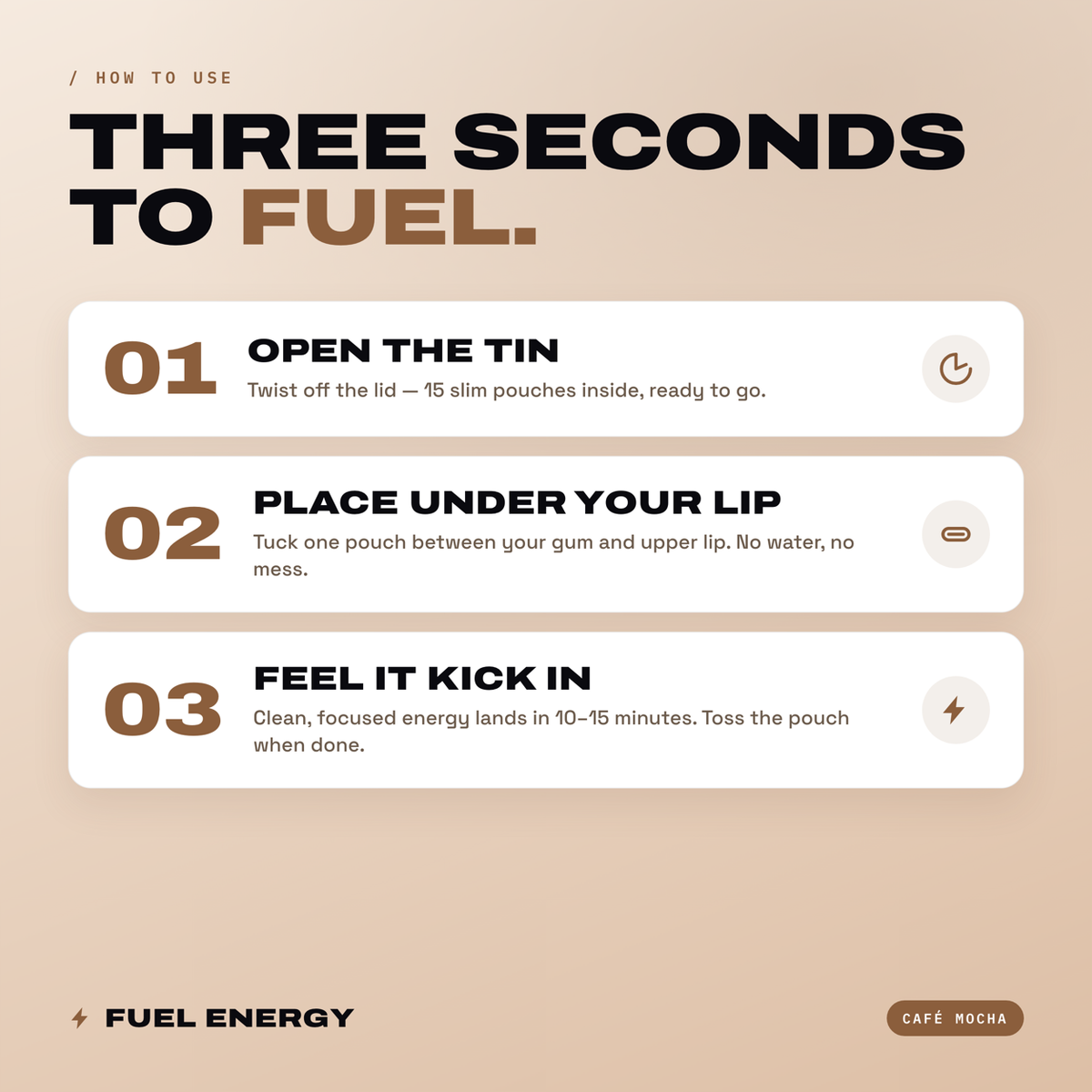 How to use FUEL Energy pouches: open, place under lip, feel it in 10 to 15 minutes