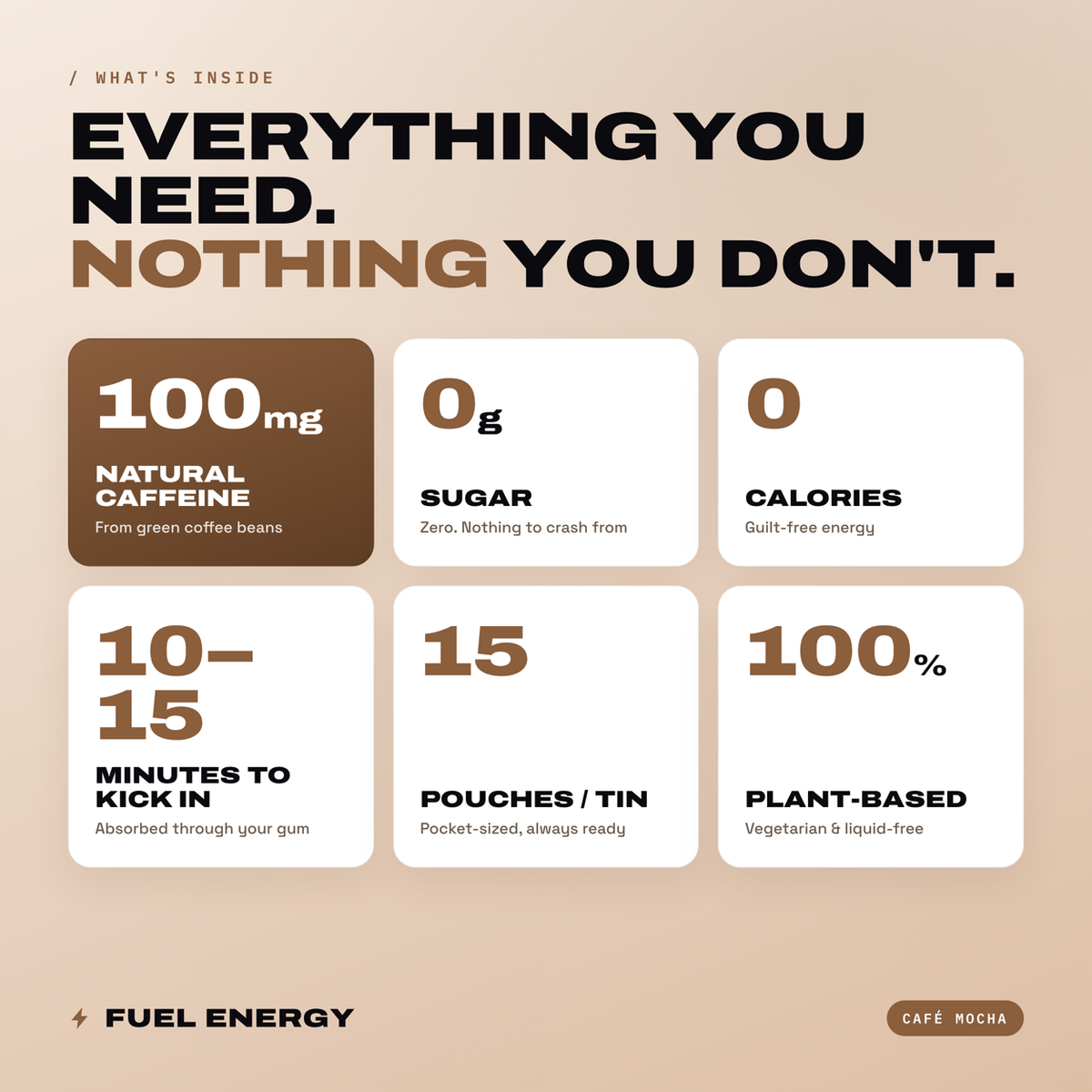 FUEL Energy Café Mocha: 100mg natural caffeine, 0 sugar, 0 calories, 15 pouches