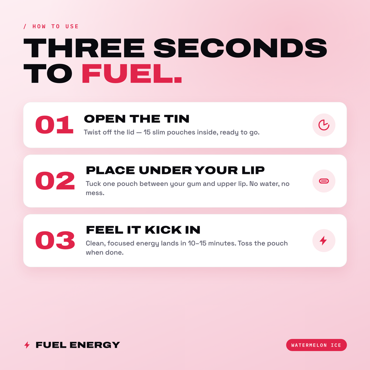 How to use FUEL Energy pouches: open, place under lip, feel it in 10 to 15 minutes
