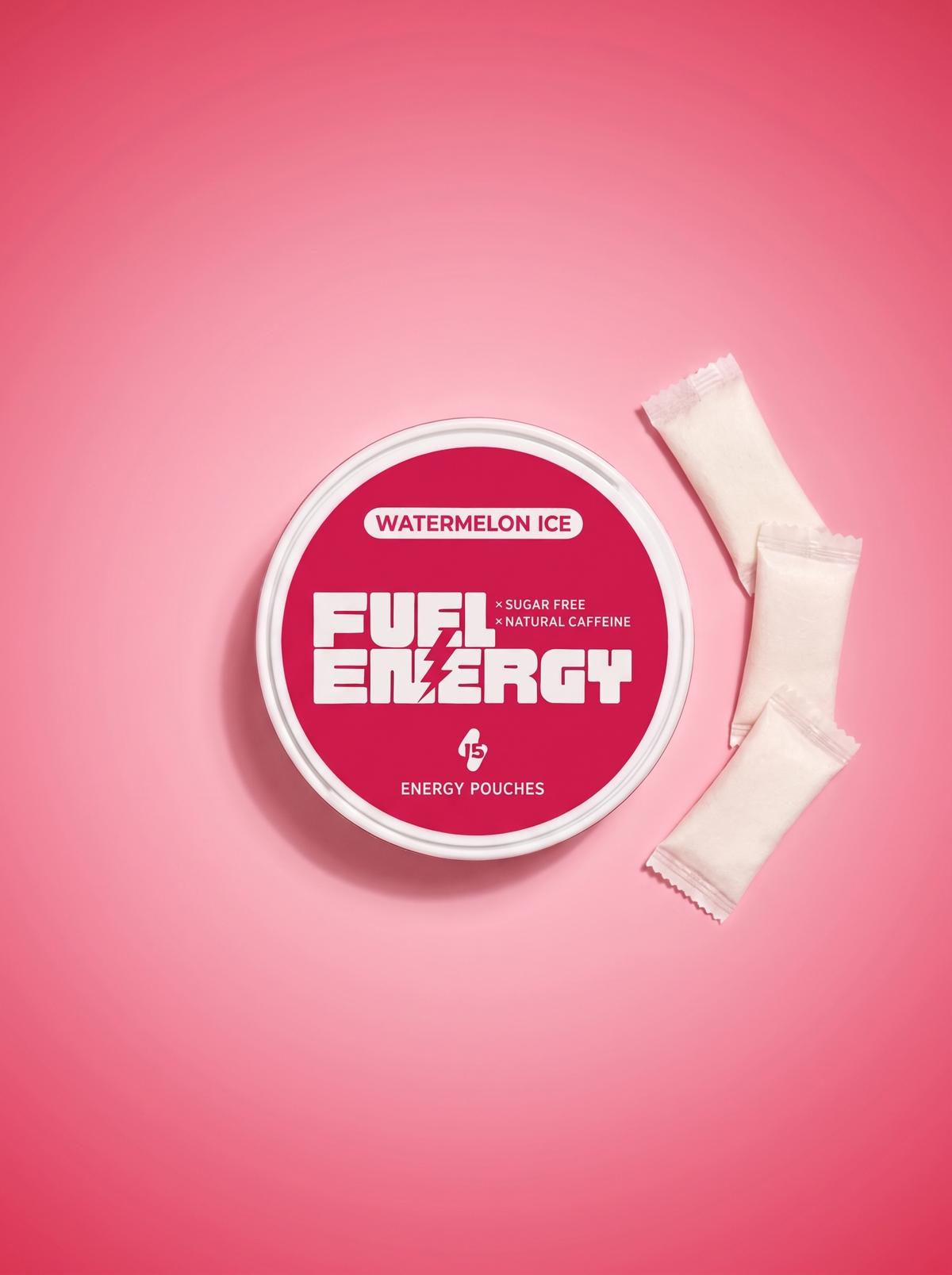 FUEL Energy Watermelon Ice caffeine pouch tin — overhead flat-lay with three pouches