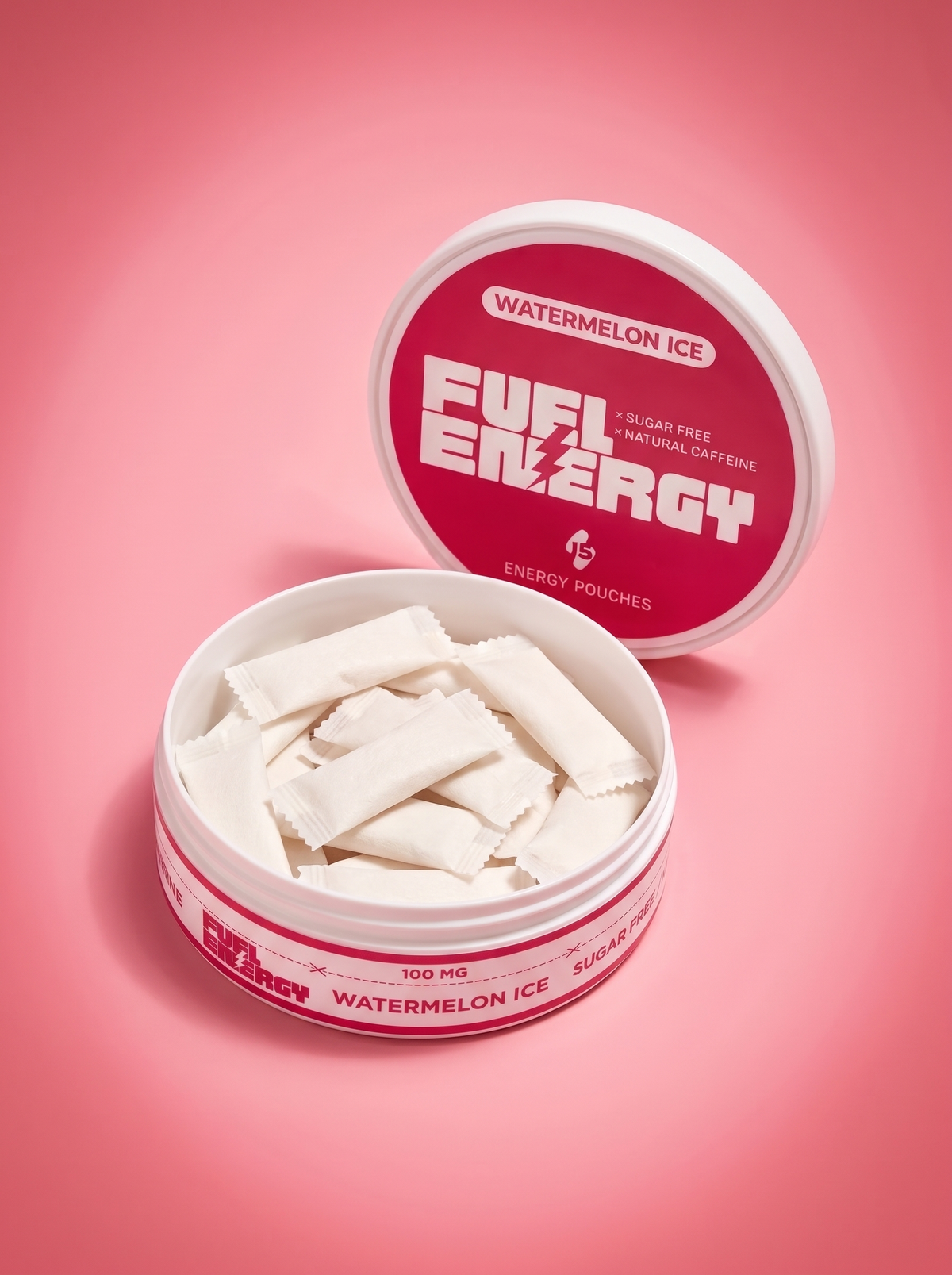 Open FUEL Energy Watermelon Ice tin showing the caffeine pouches inside