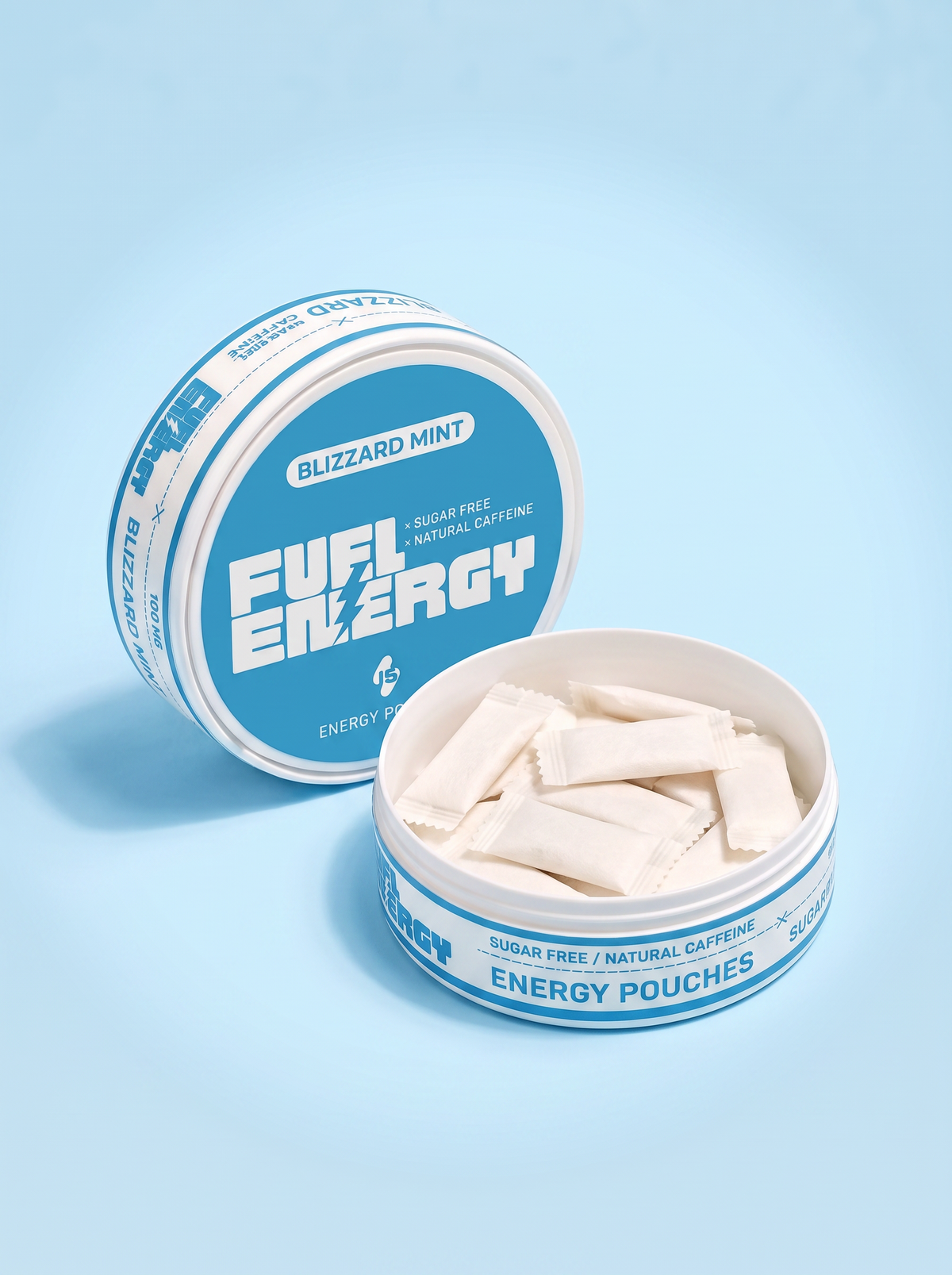 Open FUEL Energy Blizzard Mint tin showing the caffeine pouches inside