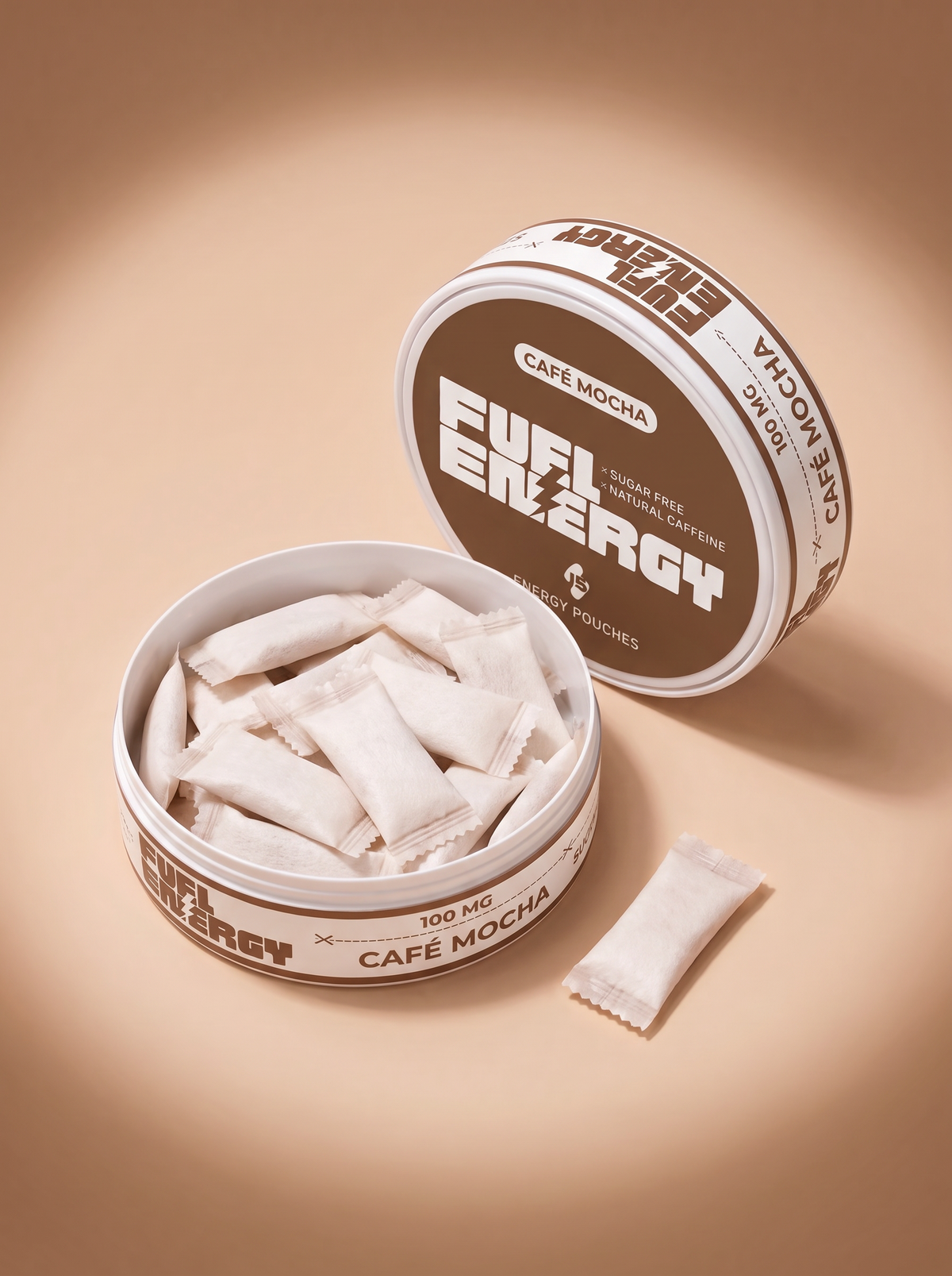 Open FUEL Energy Café Mocha tin showing the caffeine pouches inside