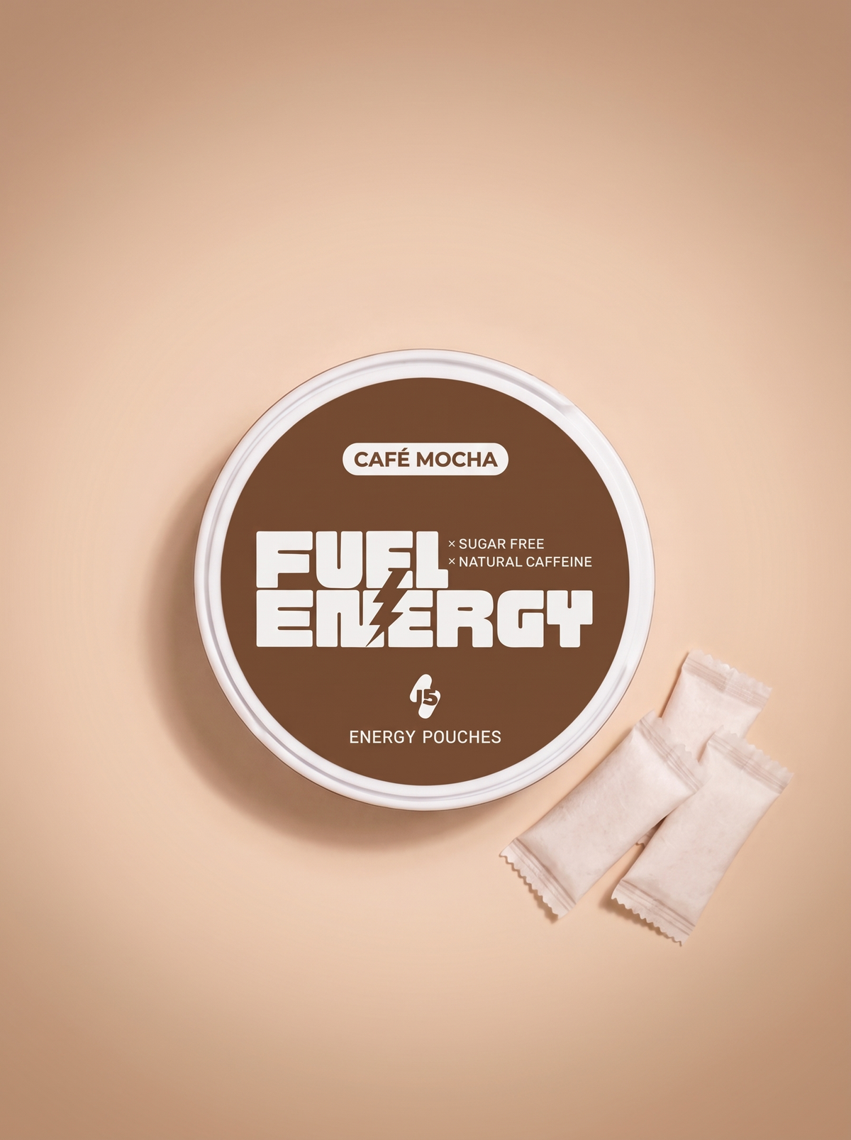 FUEL Energy Café Mocha caffeine pouch tin — overhead flat-lay with three pouches