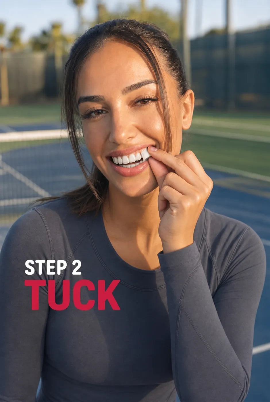 Step 2: Tuck — place a pouch between your gum and upper lip
